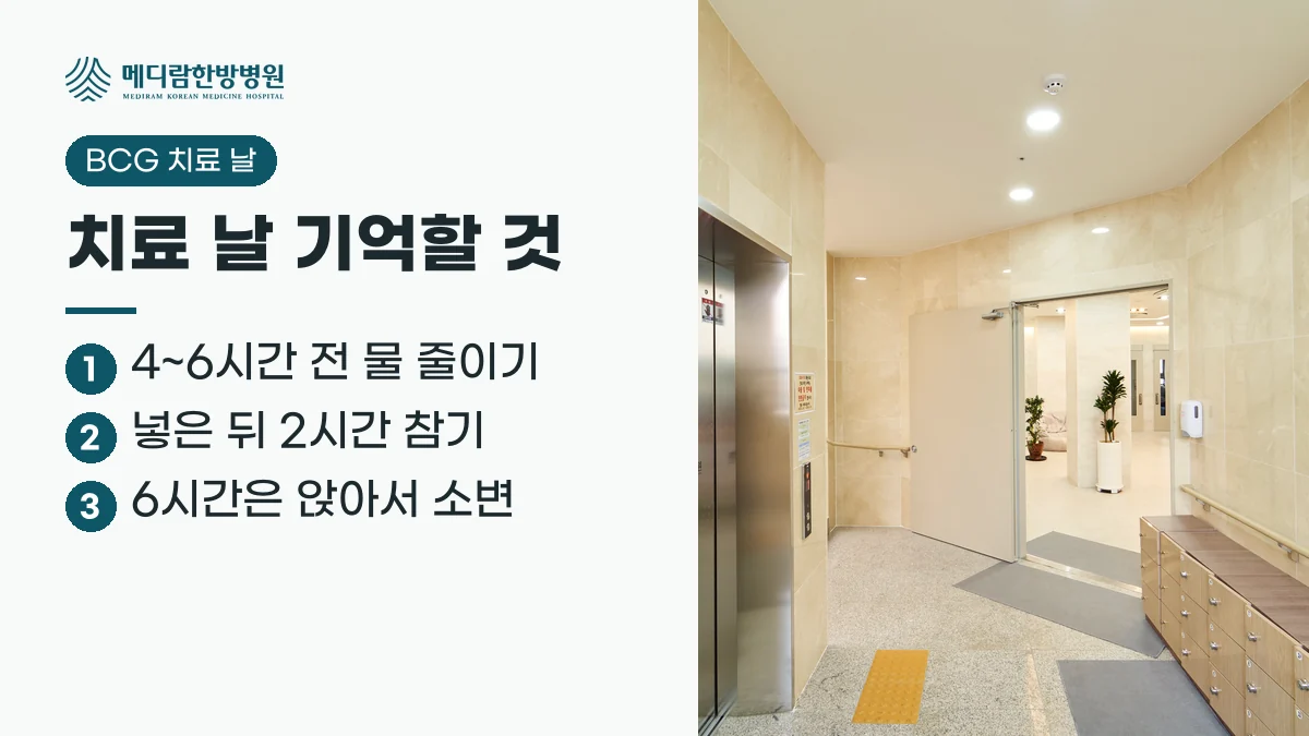 BCG 치료 날 기억할 것 요약: 넣기 4~6시간 전 물 줄이기, 넣은 뒤 2시간 참기, 6시간 동안 앉아서 소변 보기