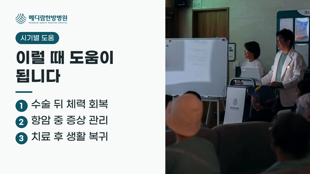 암한방병원에서 치료 시기별로 받을 수 있는 도움 세 가지를 정리한 요약 이미지