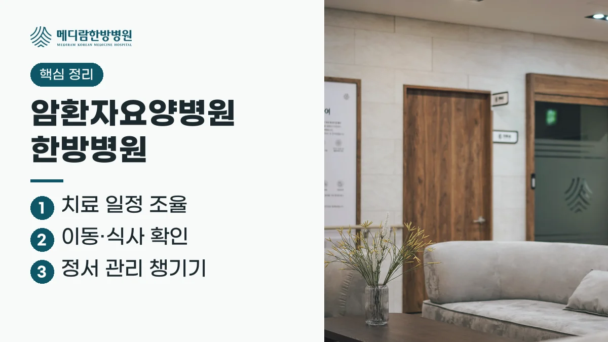 암환자요양병원 한방병원을 통원 치료와 함께 고려할 때 확인할 세 가지를 정리한 이미지