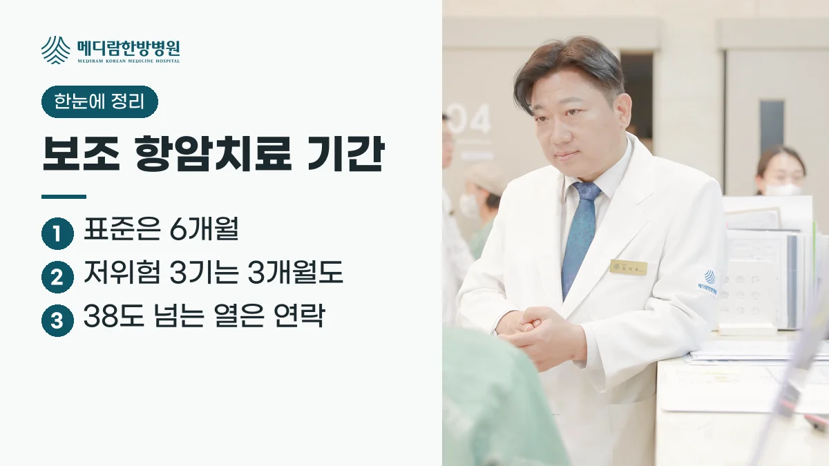 대장암 보조 항암치료는 표준 6개월, 저위험 3기는 3개월도 가능하고 38도 넘는 열은 바로 연락해야 한다는 요약 이미지