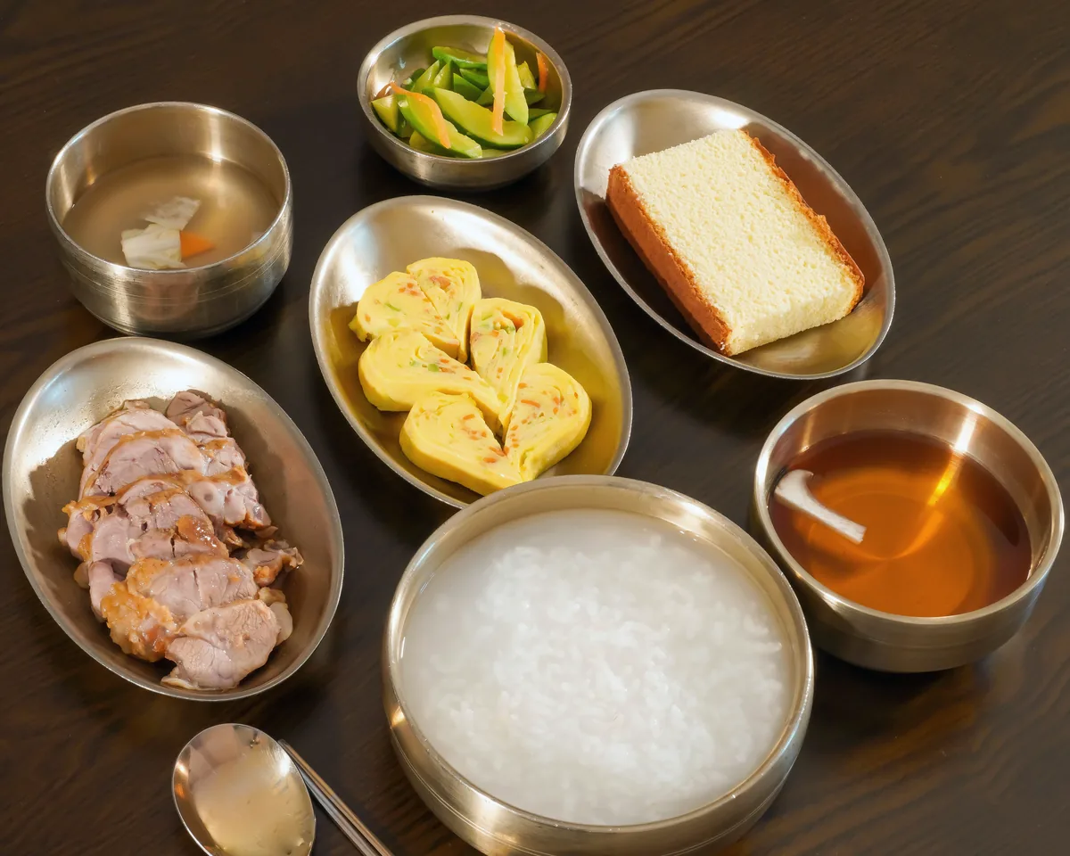 흰죽과 맑은 국, 달걀말이와 구운 닭고기, 카스텔라를 작은 그릇에 나눠 담은 위 절제 후 환자식