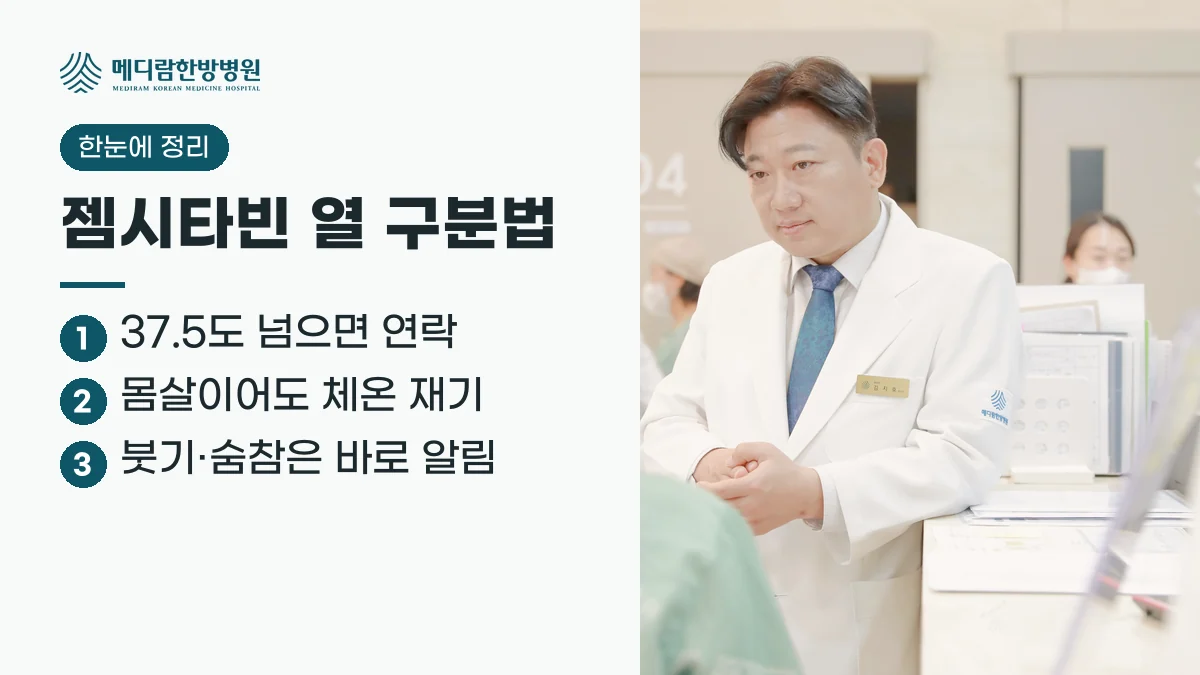 젬시타빈 열 구분법 요약: 37.5도를 넘으면 연락하고, 몸살 같아도 체온을 재며, 붓기와 숨참은 바로 알린다는 정리 이미지