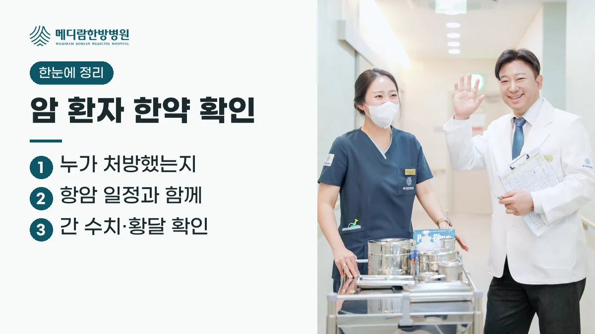 암 환자 한약 요약: 처방한 사람을 확인하고, 항암 일정과 함께 정하며, 간 수치와 황달 같은 신호를 본다는 정리 이미지