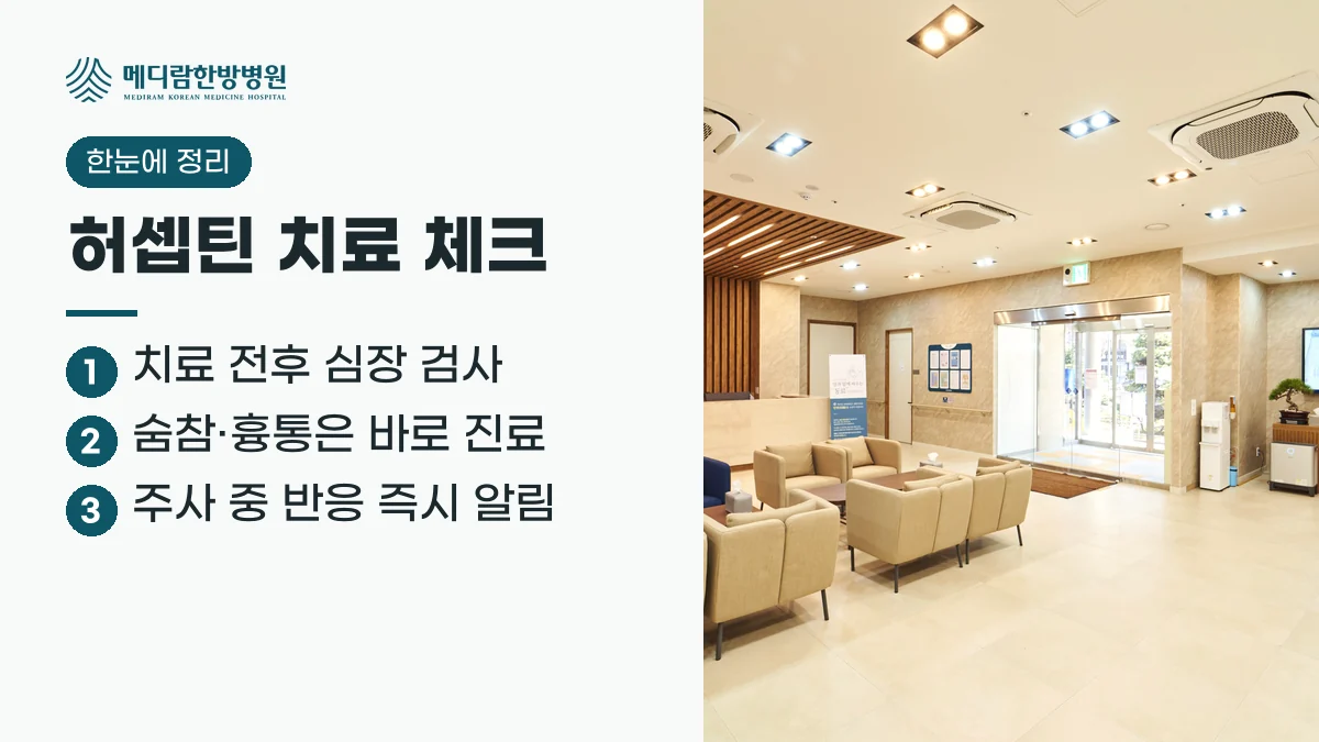 허셉틴 부작용 요약: 치료 전후 심장 검사를 하고, 숨참과 흉통을 살피며, 주사 중 반응은 바로 알린다는 정리 이미지