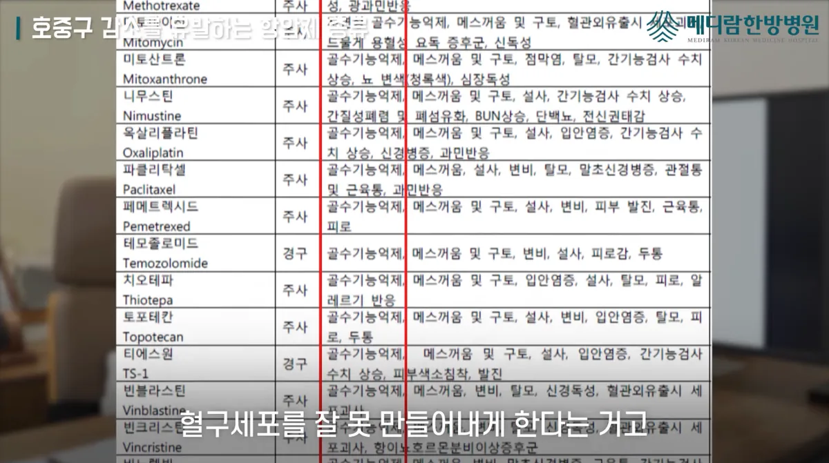 항암제 종류별 부작용을 정리한 자료 화면