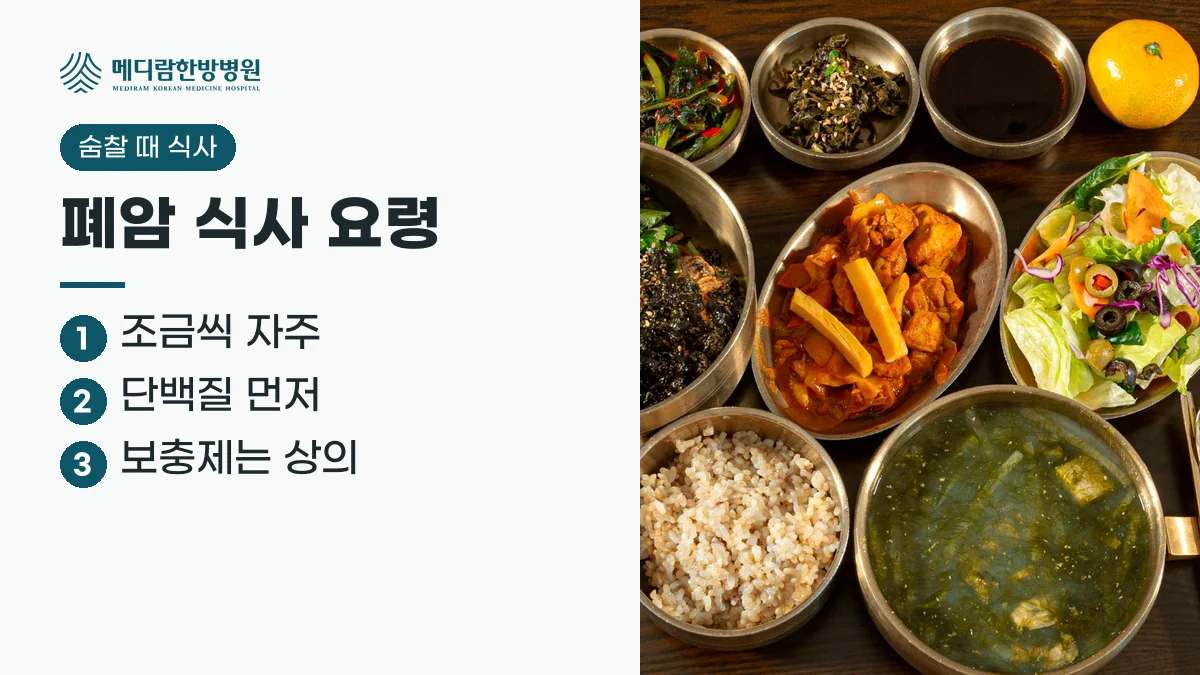 폐암 치료 중 숨이 찰 때 식사 요령 요약: 조금씩 자주 먹기, 단백질 반찬 먼저, 보충제는 의료진과 상의