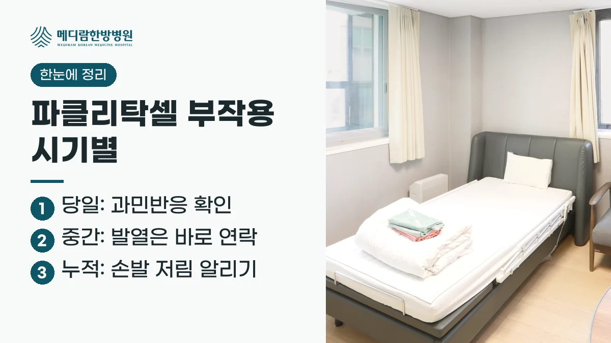 파클리탁셀 부작용 요약: 주사 당일 과민반응, 치료 중 발열과 감염, 회차가 쌓이면 손발 저림을 살핀다는 정리 이미지