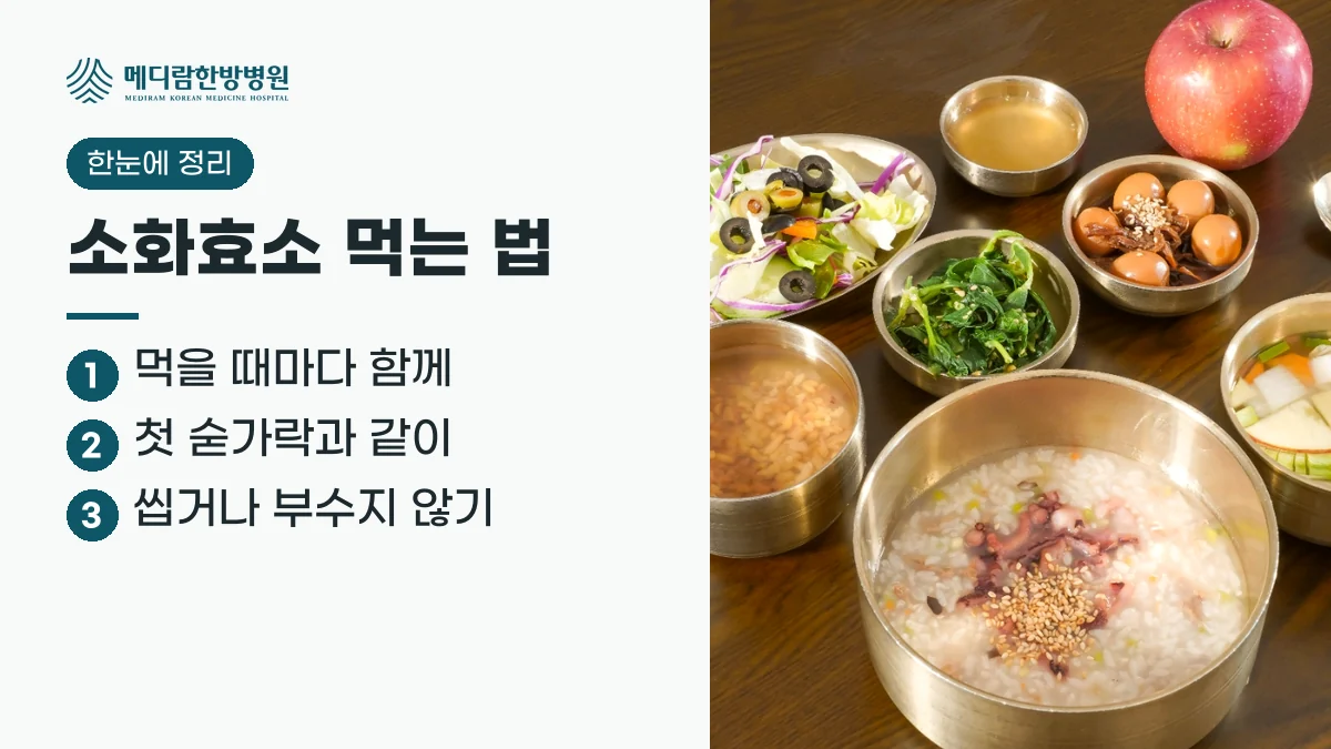 소화효소 먹는 법 요약: 먹을 때마다 함께, 첫 숟가락과 같이, 씹거나 부수지 않기를 정리한 이미지