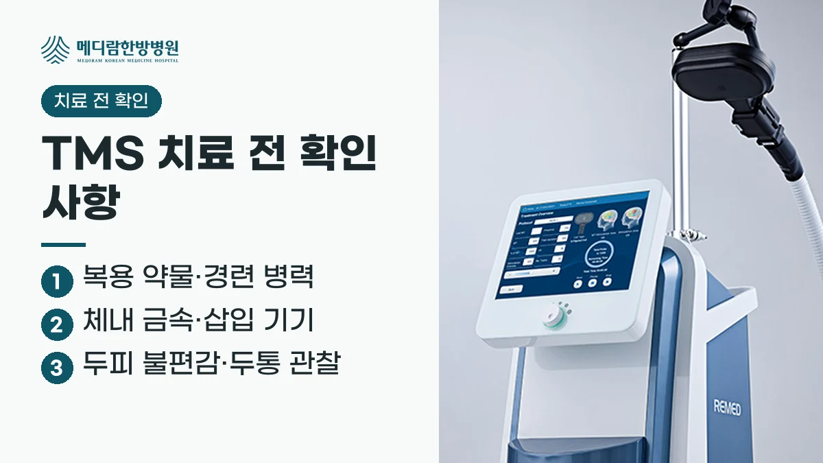 TMS 치료 전에 복용 약물과 경련 병력, 체내 금속이나 삽입 기기 여부를 확인하고 치료 중 두피 불편감과 두통을 살핀다는 요약 이미지