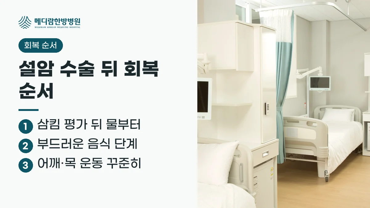 설암 수술 뒤 회복 순서 요약: 삼킴 평가 뒤 물부터, 부드러운 음식 단계, 어깨와 목 운동 꾸준히